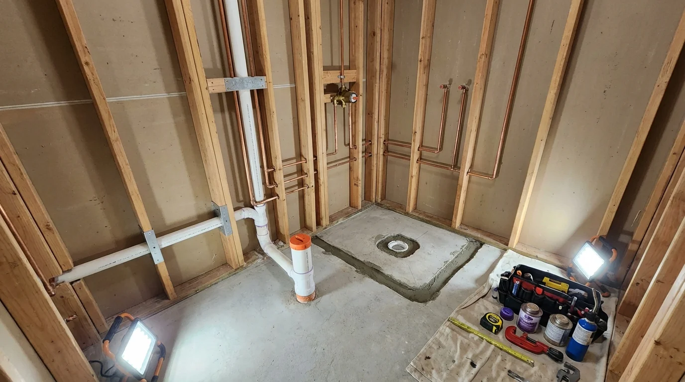 Bathroom rough-in plumbing during remodel by Johns Plumbing LLC in Friendship