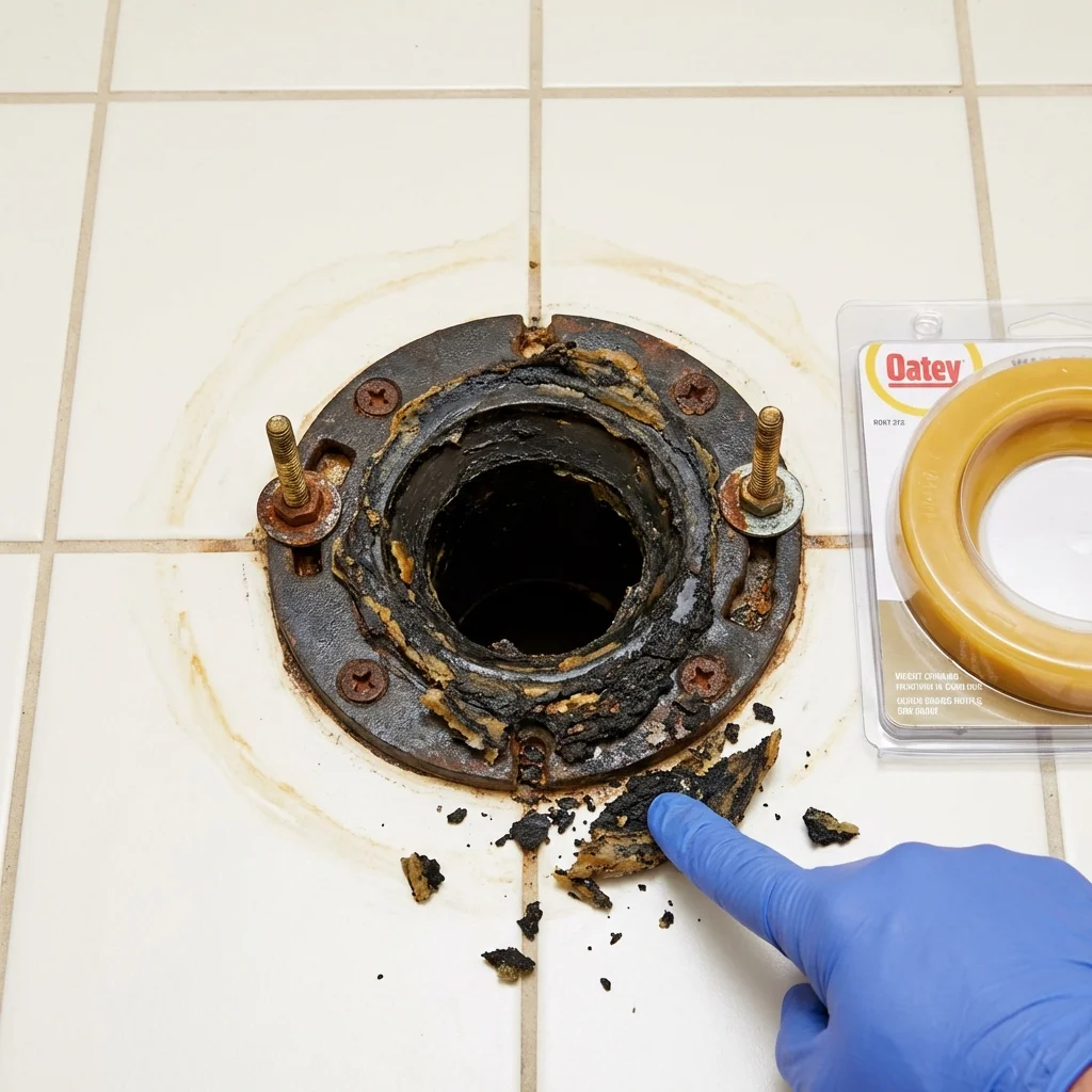 Failed wax ring showing water seepage at the base of a toilet in a Friendship, NY home