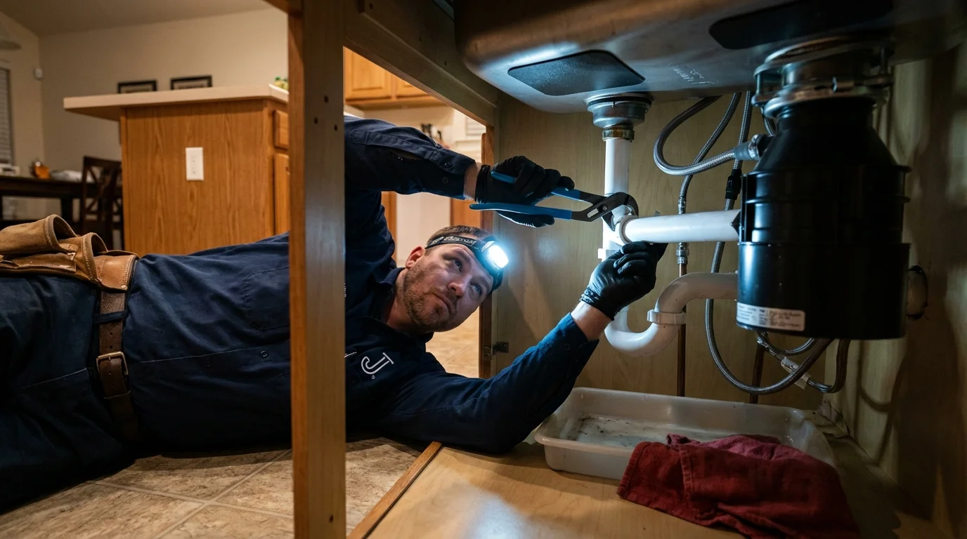 P-trap and supply line connections under a kitchen sink showing a common leak point in Friendship, NY